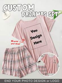 Customized Fashionable Home Wear Plaid Pants 2-Piece Set, Personalized Gift