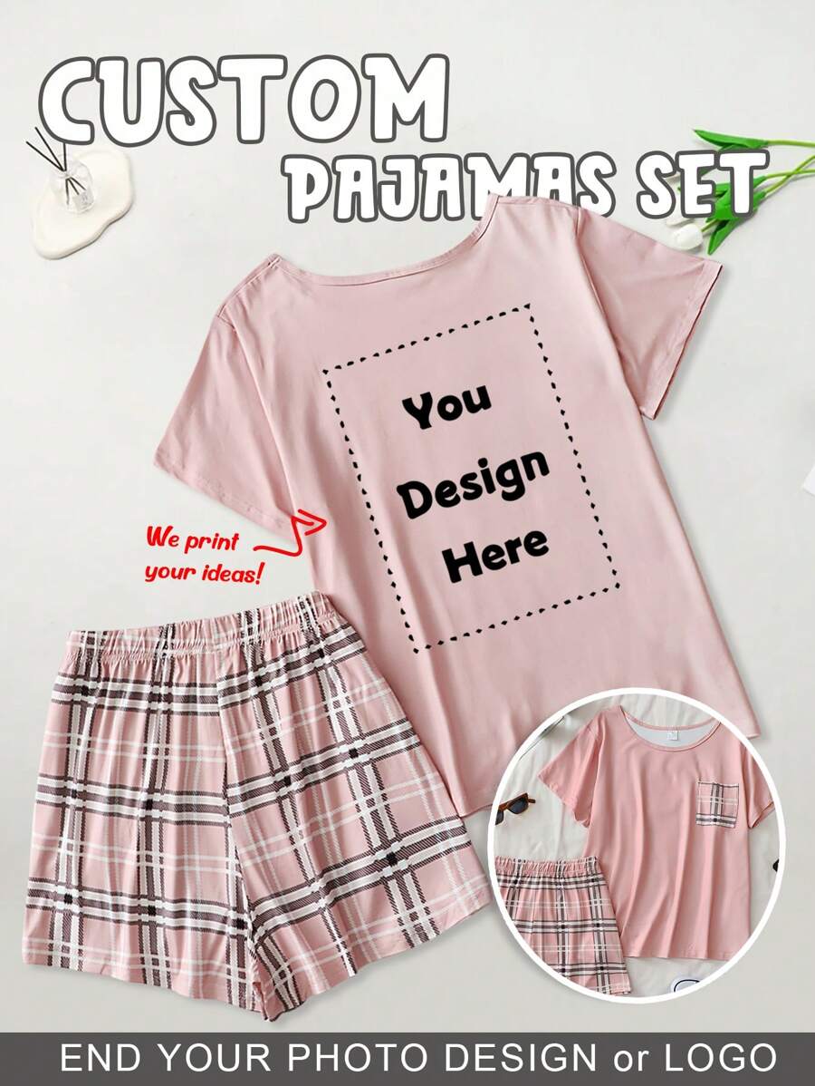 Customized Fashionable Home Wear Plaid Pants 2-Piece Set, Personalized Gift