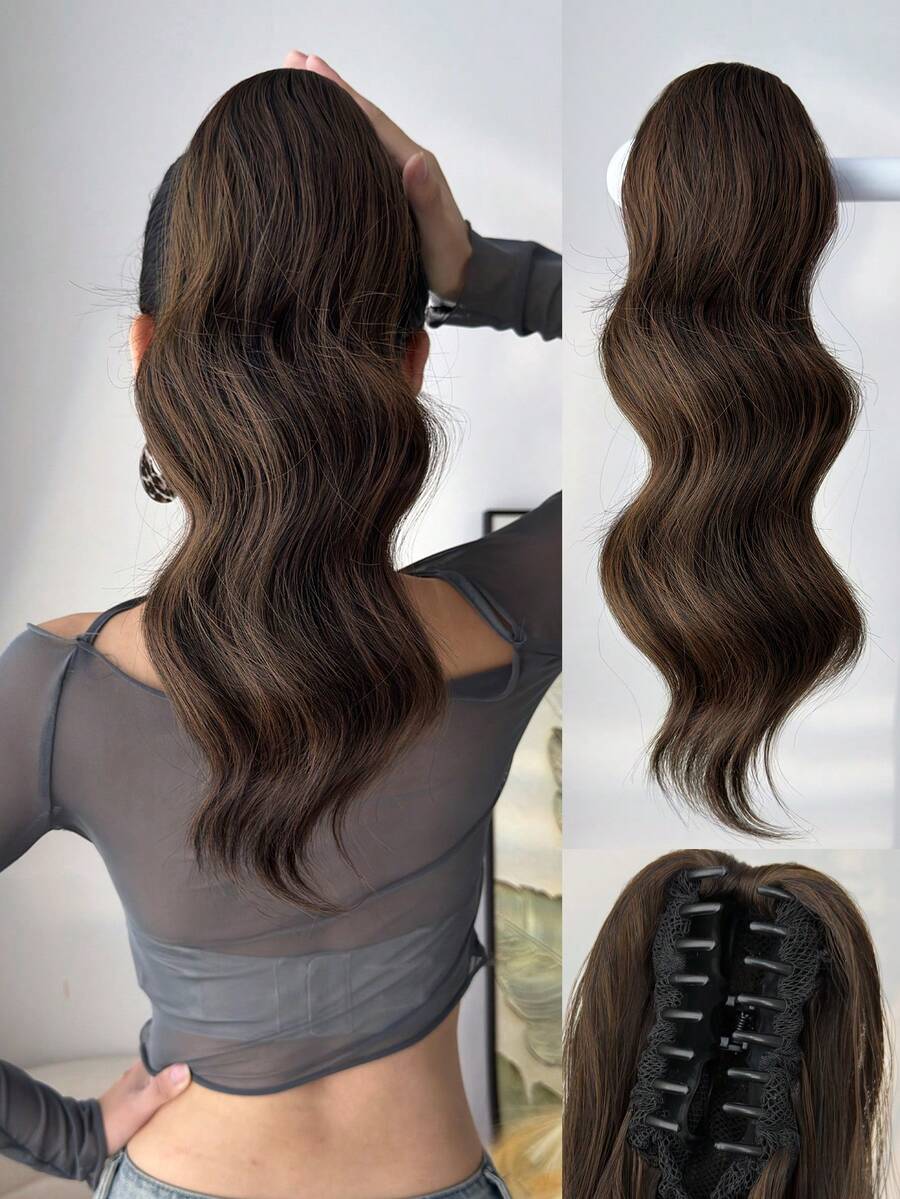 16 Inch Short Natural Wave Curly Synthetic Ponytail Hair Extension, Brown Color, Claw Clip Design, Suitable For Girls, Women, Party And Daily Use