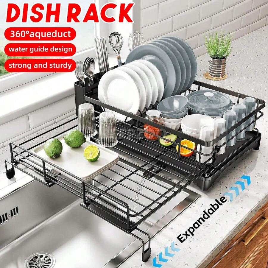 Dish Rack Kitchen Organiser Bowl Racks Expandable Dishes Holder Drainer ...