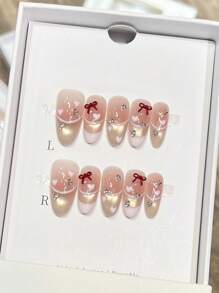 10 Peças Unhas Postiças em Formato Elíptico com Laço Rosa, Pressão Manual Pura, Laço 3D Vermelho Brilhante com Strass, Adequado para Decoração Externa, Suprimentos de Arte de Unhas Feitas à Mão