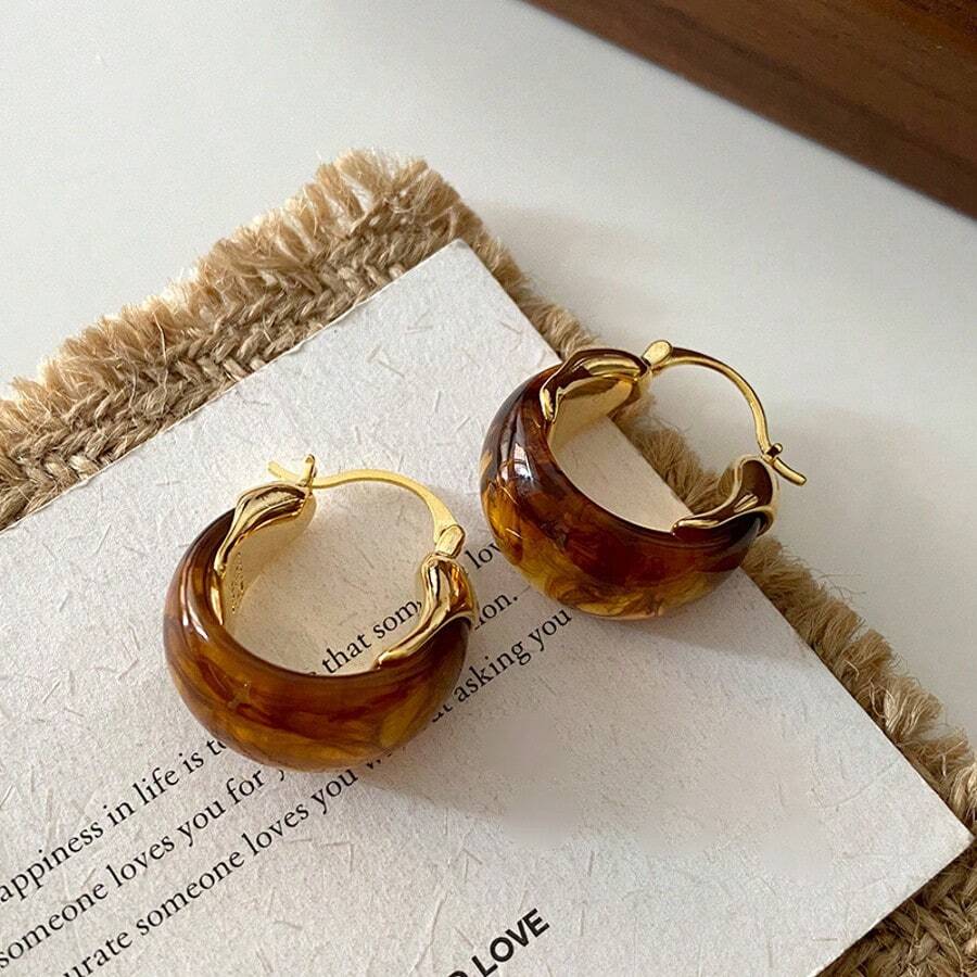 Resin U-Shaped Halo Dyed Earrings, European And American Retro Style Design Earrings, Exquisite And Niche Maillard Style Earrings, Women's Jewelry, Suitable For Daily Wear - 棕色 - 查看 1