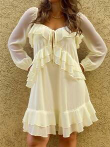IGKEEL Solid Color Bohemian Style Chiffon Twist Ruffle Hem Long Sleeve Dress, Autumn/Winter - Apricot - View 9