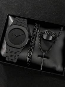 4pcs/Set Men's Business Quartz Watch, Numeric Dial, Bracelet Necklace Ring Set, Gift For Men