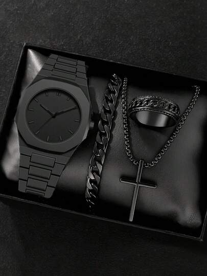 4pcs/Set Men's Business Quartz Watch, Numeric Dial, Bracelet Necklace Ring Set, Gift For Men