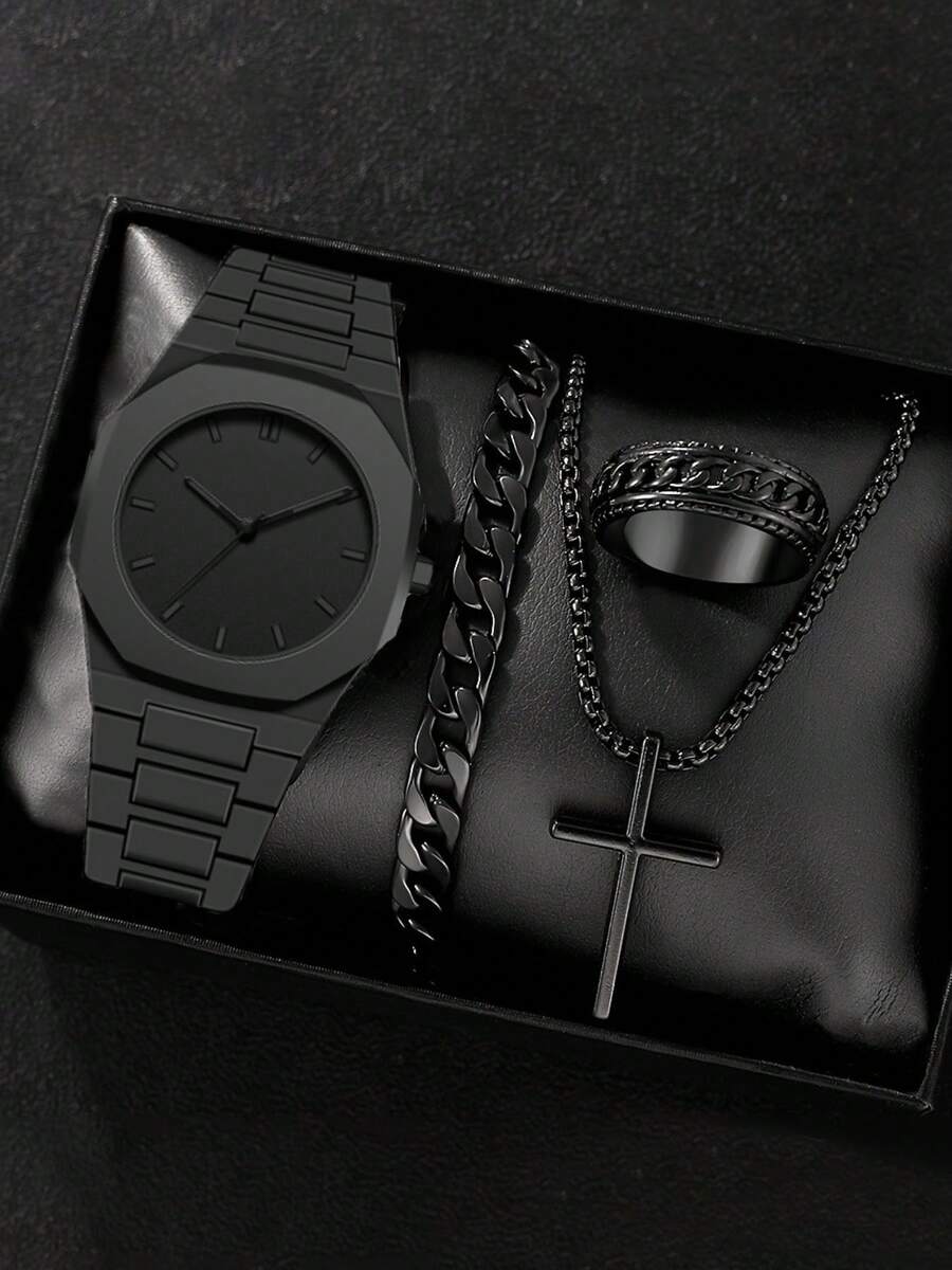 4pcs/Set Men's Business Quartz Watch, Numeric Dial, Bracelet Necklace Ring Set, Gift For Men