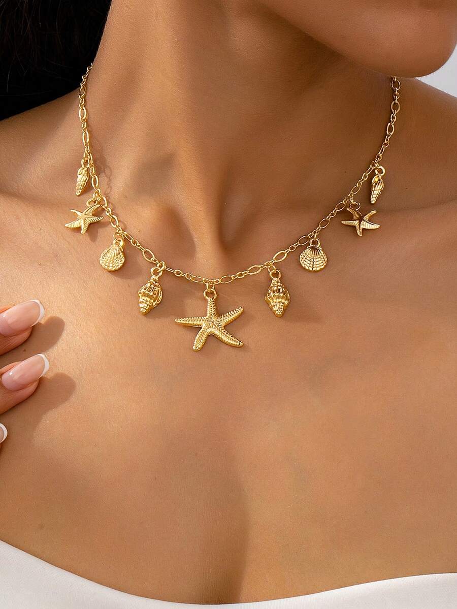 1 Stück Vintage Boho Strandstihl Halskette, dekoriert mit Seestern, Muschel, Schildkröte und Multi-Anhänger Design, mehrlagige Choker Halskette, Party Urlaubsgeschenk, vielseitiges Accessoire - Goldgelb - Übersicht 1