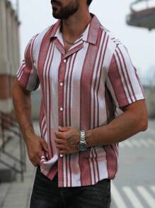 Men's Casual Striped Short Sleeve Shirt, Fashion Versatile Casual Style Collared Fully-Buttoned Design Suitable For Business, Work And Leisure Wear