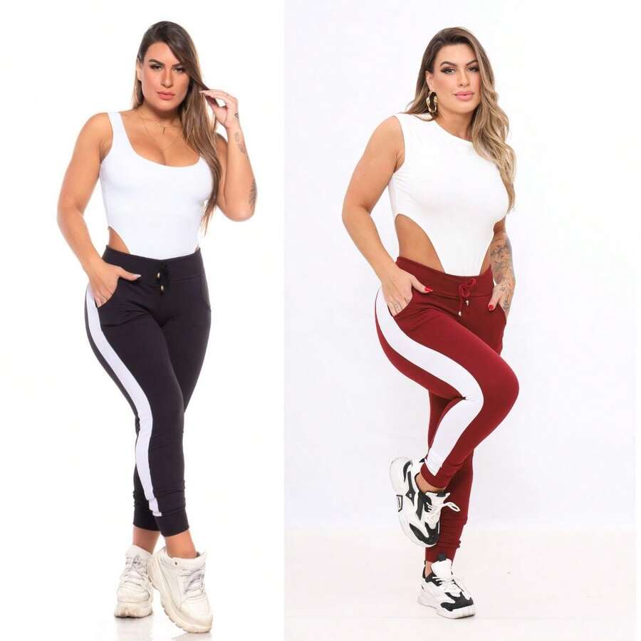 Kit With 2 Crepe Pants With Simple Knotted Belt, Pocket, Drawstring - Negro y Marsala - Ver 1