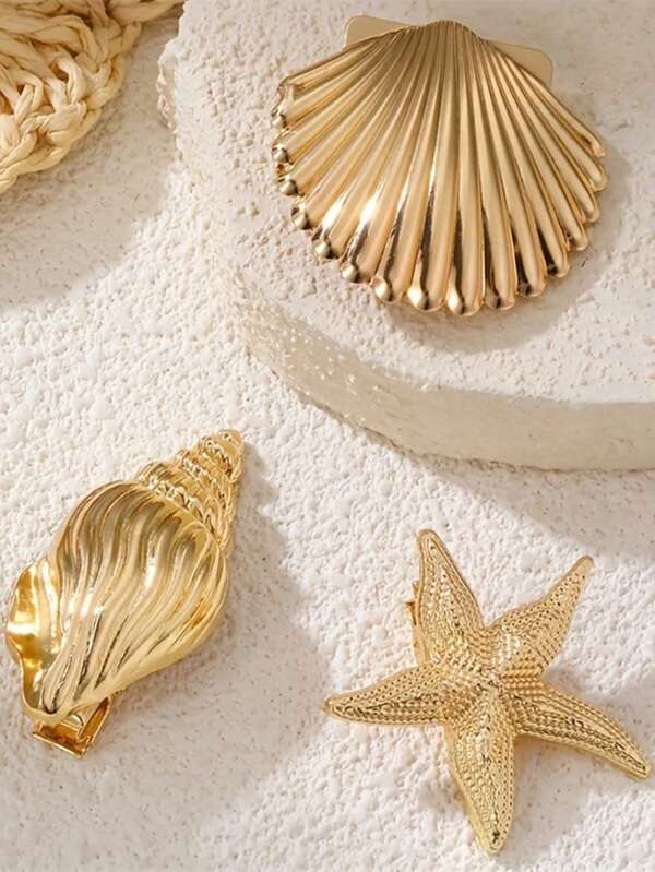 3 Piezas Pinzas para el cabello con forma de estrella de mar, cocodrilo, estilo vacacional, conchas, pasadores de flequillo, serie oceánica, pinzas laterales, accesorios para el cabello de mujer
