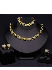 4Pcs/Set Charm Classic Gold-Plated Diamond Necklace For Women Earrings Bracelet Ring Jewelry Set Gift - 金色 - 查看 1