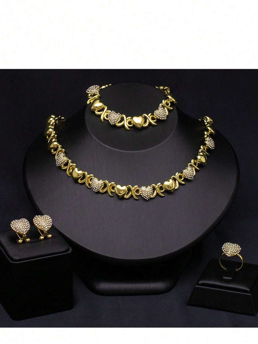 4Pcs/Set Charm Classic Gold-Plated Diamond Necklace For Women Earrings Bracelet Ring Jewelry Set Gift - 金色 - 查看 1