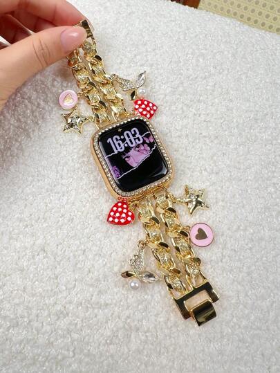 1PC Personalized And Creative Smart Watch Strap Double Chain Thin Glitter Leather Rope With Red Polka Dot Heart Pendant Gold Women's Style, Compatible With Apple Watch 38/40/41/42/44/45/46/49mm, Suitable For Apple Watch Series Ultra/SE/10/9/8/7/6/5/4/3/2/1, Suitable For Giving To Friends, With Diamond Studded Pearl Bow And Star Studded Diamond, Heart Polka Dot Style (Strap Only, Watch And Case Not Included)