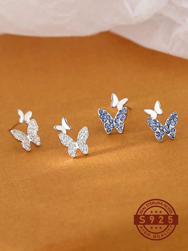 1 Pair S925 Sterling Silver Rhinestone Butterfly Stud Earrings, Elegant Cute Sweet Petite Sophisticated College Style Earrings, Versatile For Daily Wear, Party, Gift, Comes With Delicate Gift Box