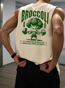 Parte superior sin mangas casual de verano para hombres con estampado de brócoli y mancuerna en cuello redondo