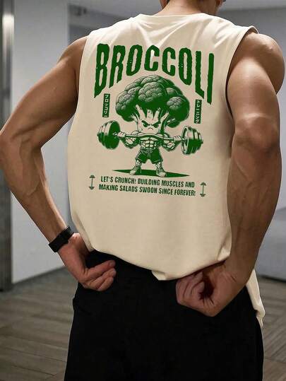 Canotta casual estiva da uomo con stampa di broccoli e manubri, scollo rotondo, senza maniche