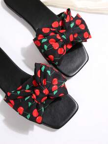 女士可爱樱桃蝴蝶结装饰平底拖鞋，轻便透气休闲度假风沙滩人字拖，套脚拖鞋，春夏穿搭 - 黑色 - 查看 7