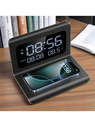 三合一无线充电器，具备快速充电、闹钟和温度显示功能 - 兼容 16/15/14/13/12/11 Pro Max/Mini/Plus/XR/X/8、Apple 2/3/4/Pro/Pro 2、Android 旗舰智能手机（Galaxy S25/S23/S22/S21/S20）和品牌无线耳机，节省空间的多功能充电站，适用于卧室/办公桌（包含 31 个国家/地区用户指南）