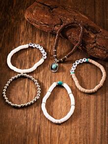 5 件套波西米亚西部牛仔帽吊坠手链，复古弹力手链，个性多层串珠手链（手工制作，珠子随机） - 款式3 - 查看 6