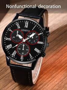 SOKI SOKI 1块男士时尚圆形石英表，PU表带，适合日常佩戴、生日派对、节日聚会、自用或送礼，不含礼盒。 - 黑色 - 查看 4