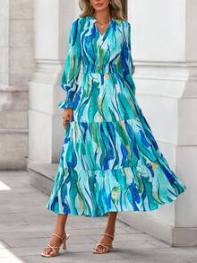 Women's Spring And Fall Clothes Floral Maxi Dress Fall Long Sleeve V Neck Casual A Line Long Flowy Boho Party Valentine Vacation Dresses - 藍綠色印花 - 查看 4