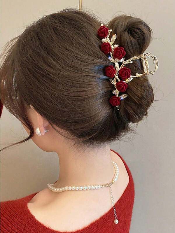 1pc New Lovely High Ponytail Fixed Clip, Elegant Ladies Faux Pearl Rhinestone Metal Rose Hair Clip - 4.33 Inch Zinc Alloy, Four Seasons Universal Accessories Headdress Girls Fall Winter Claw Clip Hair Accessories For Women For Vacation Outfits Woman
