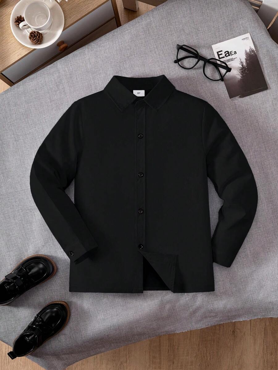 Tween Boy Classic College Style Casual Party Pocket Patch Black Formal Long Sleeve Dress Shirt - Black - View 1
