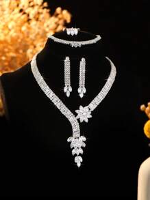 5pcs Luxury Crystal Geometric Necklace, Earrings, Bracelet, Ring Jewelry Set, Elegant Fashion Accessories Suitable For Women's Daily Commute, Campus Dating, Wedding Party, Valentine's Day Holiday