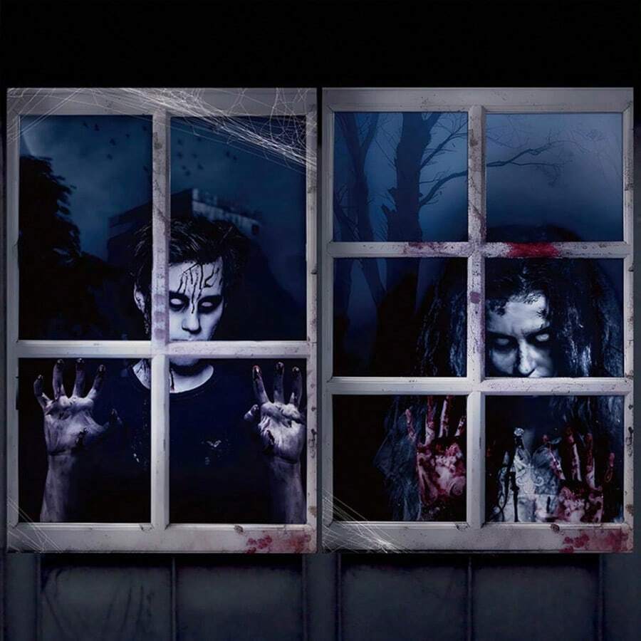 2pcs-Halloween Zombie Couple Window Cover - Bloody Gothic Horror Scene Printed Polyester Fabric, Terrifying Haunted House Decor For Indoor Outdoor,Scary Window Drape With Distressed Effects & Dark Red Stains
