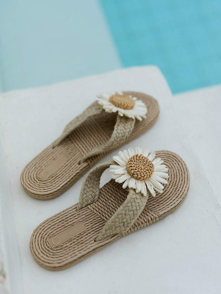 Cirelle Vacation Khaki Slippers For Women, Linen Flower Decor Flip Flops