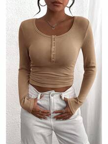 Women's 2026 Fall Long Sleeve Henley T Shirts Button Ribbed Knit Slim Fit Basic Tops Blouse Casual Outfits/Vacation Outfits Women/Valentine Outfits For Women - Kaki nhạt - Xem 3