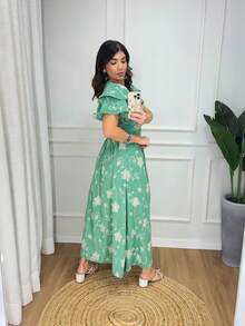 Midi Dress Fabric Tulle Embroidered Lining Princess Sleeve Floral Leaf Cut And Sew Fabric Layered Buttons On Front Pleated Women's Long Dress Striped Formal And Evening Spring/Summer - 綠色 - 查看 4