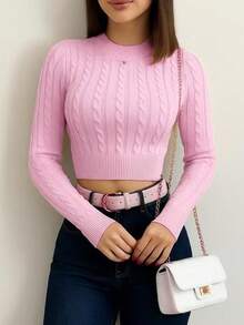 Sayuri Modal Knit Blouse Cropped Braid Long Sleeve Winter Knit - 淺粉紅色 - 查看 1