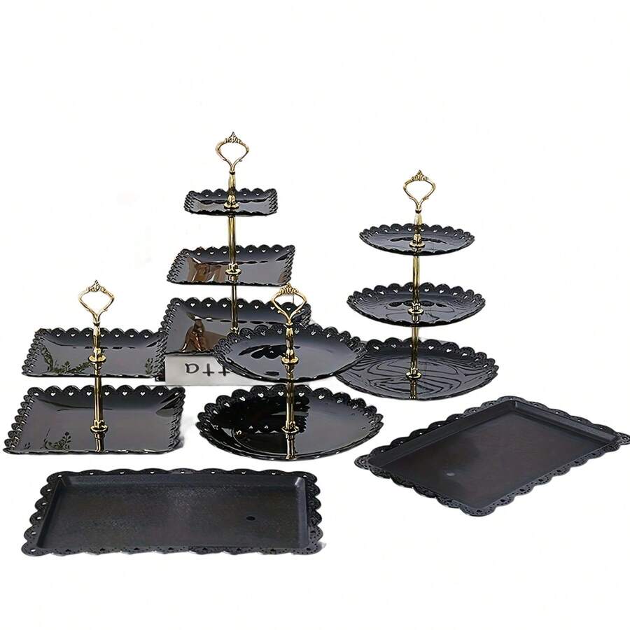 6 Pcs Cake Stand, Plastic Dessert Table Display Set, Three-Tier Shelf, Two-Tier Shelf And Dessert Tray Set. Suitable For Birthdays, Parties, Tea Parties. Black/White - Black - View 1