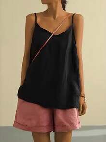 Cotton Linen Camisole For Women Sleeveless Spaghetti Strap Cami Shirt Solid Color Casual Loose Basic Tank Tops - màu đen - Xem 1