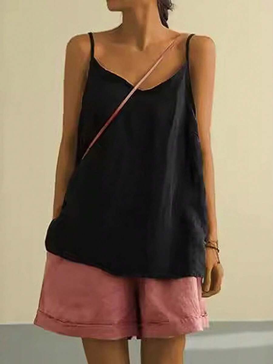 Cotton Linen Camisole For Women Sleeveless Spaghetti Strap Cami Shirt Solid Color Casual Loose Basic Tank Tops - màu đen - Xem 1