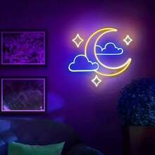 LED 霓虹灯 - 带星星和云彩的新月设计 - 塑料触摸控制壁挂霓虹灯，适用于卧室装饰 - 檸檬黃+冰藍+白色 - 查看 2