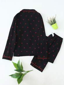 櫻桃印花女款長袖長褲緞面睡衣套裝 - 黑色 - 查看 7