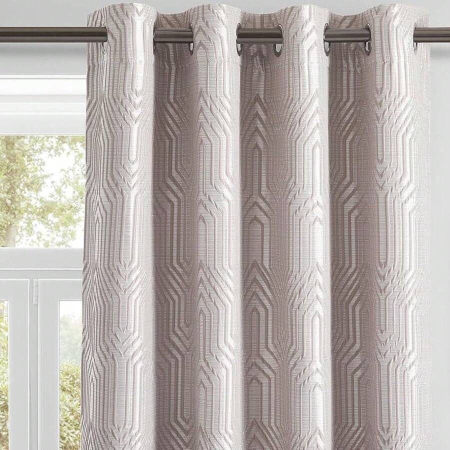 Beige And Black% Blackout Geometric Pattern Curtains, 52 Inch Wide 96 Inches Long 2 Panels, Thermal Insulated Noise Reducing Anti-Rust Grommet Drapes Bedroom Living Room,, Modern Style, Energy-Efficient - 摩卡和銀色 - 查看 1
