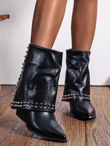 Women's Fashionable Studded Detail Short Boots - Black - View 2