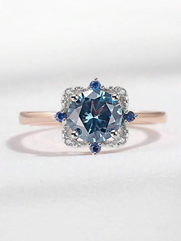 925 Silver Rose Gold Ring With Blue Diamond Main Stone, Shining And Elegant, Interpreting Romantic Dreams, Suitable For Engagement/Proposal And Other Romantic Occasions To Highlight Luxury And Uniqueness