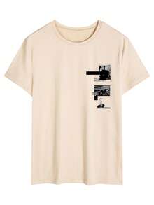 Men's Graphic Print Round Neck Short Sleeve T-Shirt, Suitable For Summer - Apricot - View 2