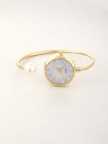 1 Women's Fine Fiber Bracelet, 1 Large Pearl, Diamond Cut Glass Rhinestone Dial, Minimalist Quartz Watch Bracelet, Watch - Gold - View 4