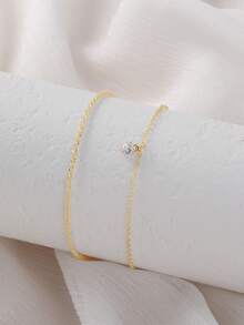 Nooxian 2 件套闪亮、飘逸的白色心形锆石和链条脚链套装，适合女士 - 金黃色 - 查看 2