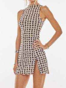 Women Y2k High Neck Mini Dress Sleeveless Polka Dot/Vinatge Floral Print Slit Hem Bodycon Dress Sexy Short Dress  Beach Vacation Dress Clubwear - Cà phê - Xem 2