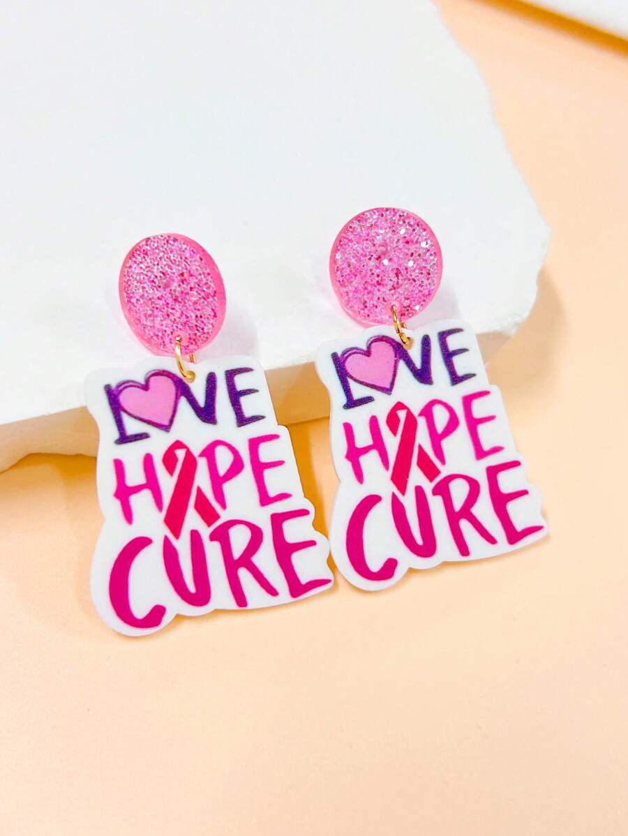 一对亚克力粉色圆形亮片爱心印花耳环，乳腺癌宣传耳环，女士装饰耳环，朋友礼物，约会之夜