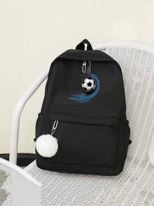 1 New Cute Versatile Simple Kawaii Football Print Plus Pom Pom Pendant Backpack, New For Spring And Summer, Suitable For Back To School Season. Nylon Material Double Zipper Lightweight Large Capacity Foldable Bag, Very Suitable For Teenagers To Go To School, Daily Travel, Shopping, Travel And Vacation, Etc. - Black - View 5