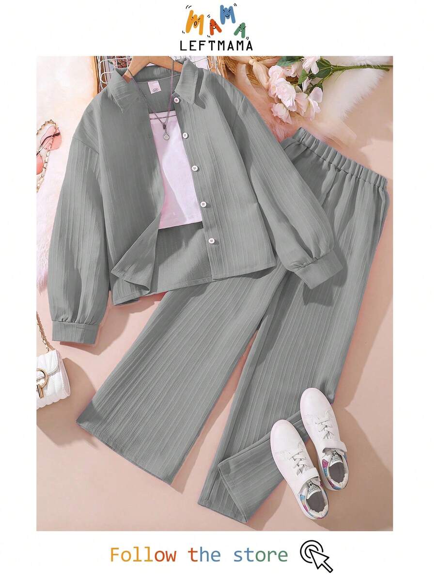 Left Mama 2pcs/Set Tween Girl New Autumn Long Sleeve Shirt Top With Collar And Long Pants - Grey - View 1