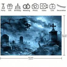 1 Panno di sfondo per Ognissanti - Scena di cimitero gotico con scheletri, zombie, vampiri, clown, fantasmi e disegni di luna piena - Perfetto per case da brivido, stanze segrete, decorazioni di Ognissanti, decorazioni orrore, regali per le vacanze, camera da letto, soggiorno e decorazioni per esterni, accessori per studio - Multicolore - Visualizzare 4