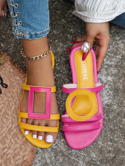 Women's Round Toe Flat, New Style Outdoor Wear, Geometric Color Blocking, Comfortable Versatile Casual Vacation Style Beach Slippers